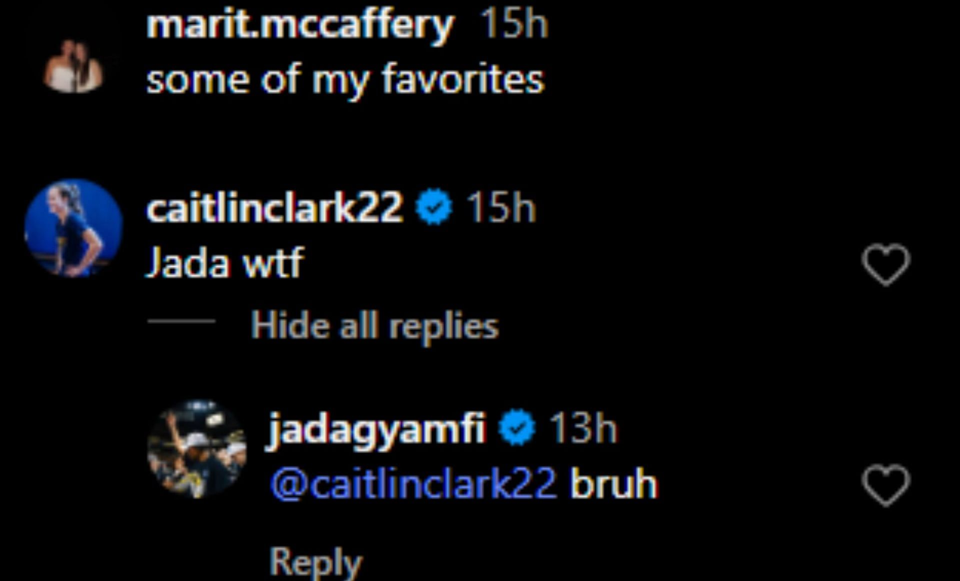 Caitlin Clark's IG comment (via @marit.mccaffrey/Instagram)